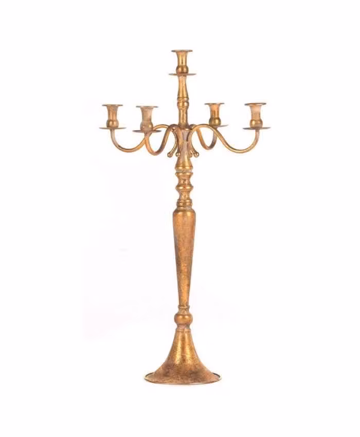 Candelabro oro in metallo anticato a 5 fiamme con stelo a balaustra alto 78 cm
