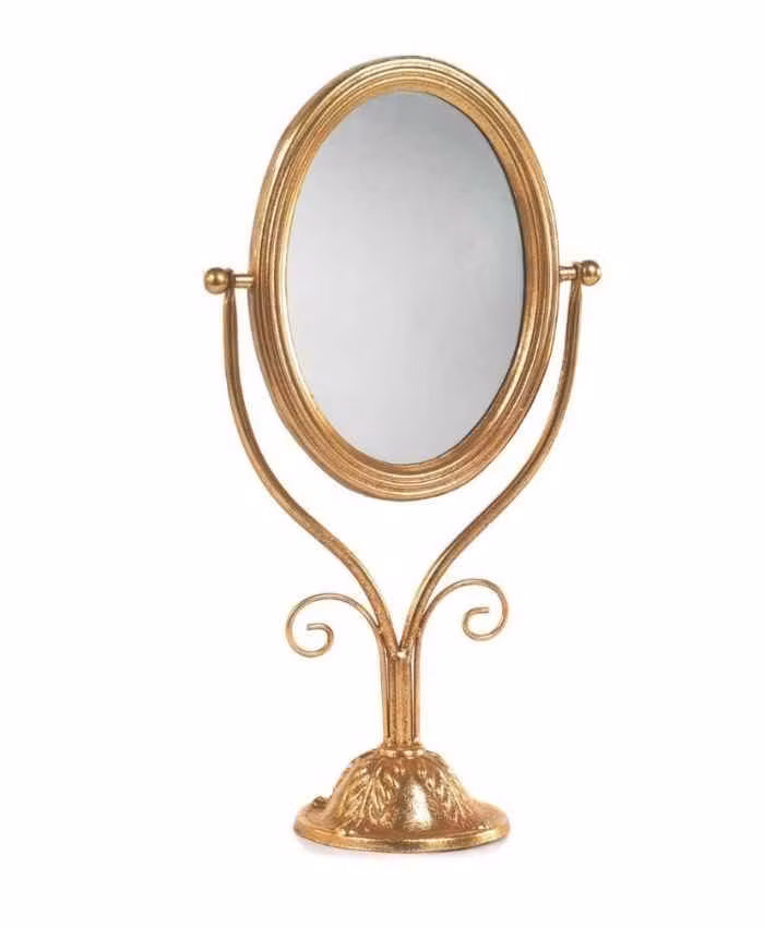 Specchio ovale da tavolo in metallo dorato con piedistallo lavorato alto 44 cm
